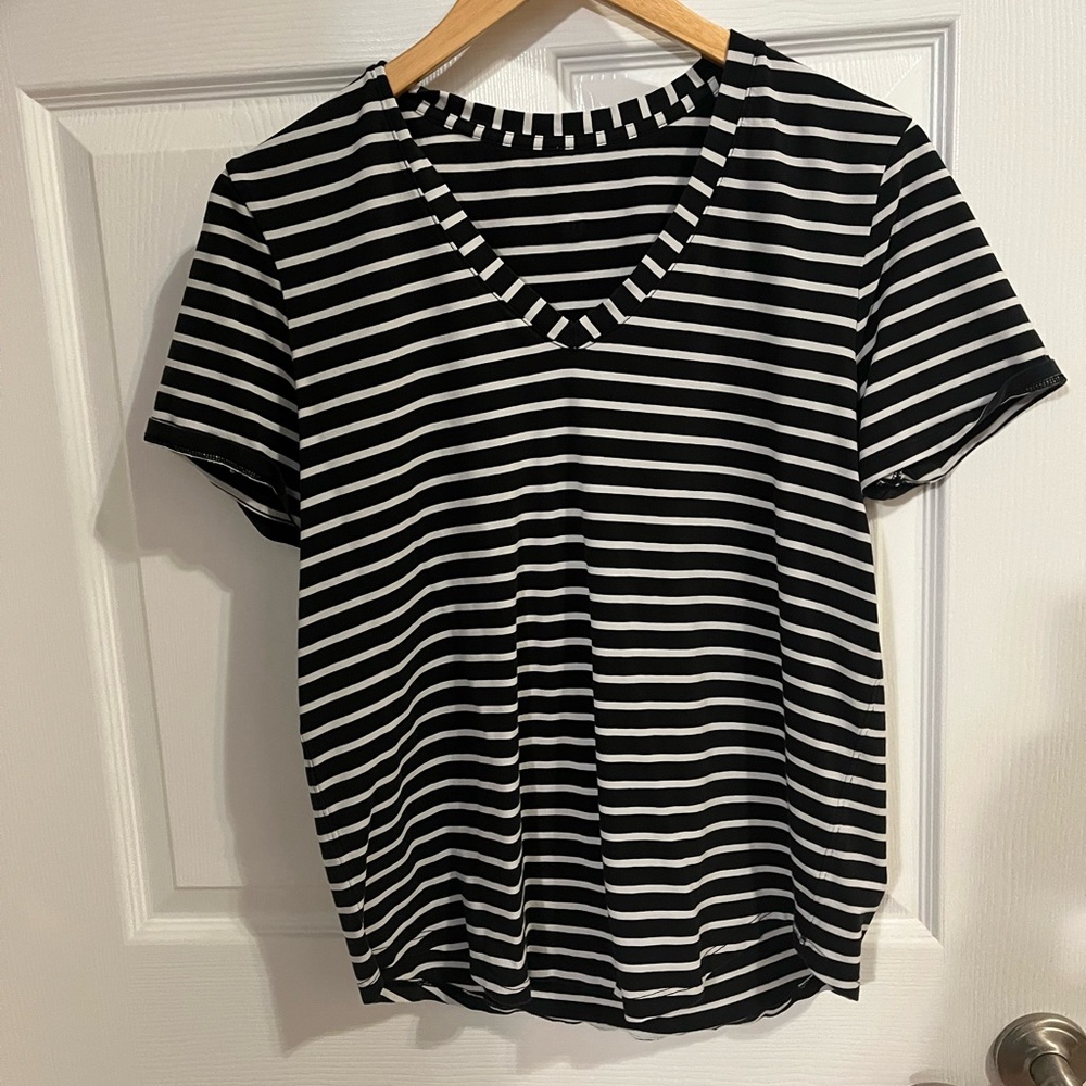lululemon athletica Black and White Striped Short Sleeve V-Neck Tee